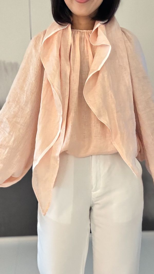 100%亞麻豆沙粉色薄紗長袖