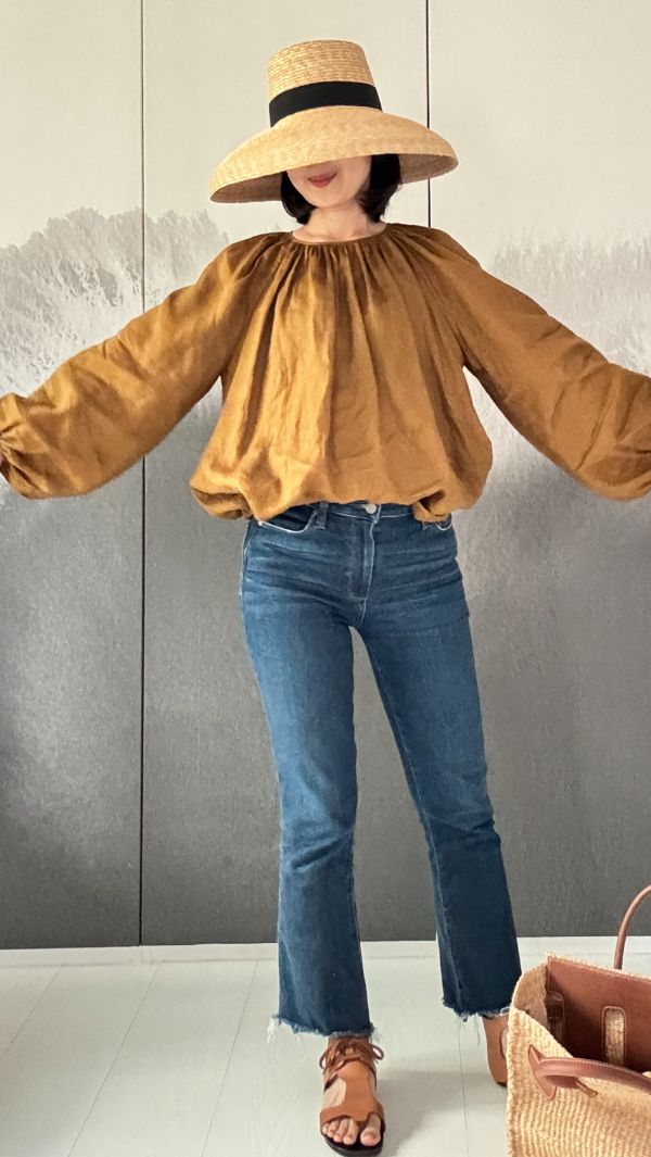 100%亞麻駝棕色薄紗長袖